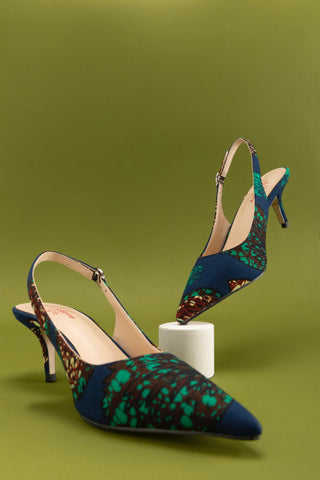 Peacock Pattern Fabric Slingback Stiletto Pumps